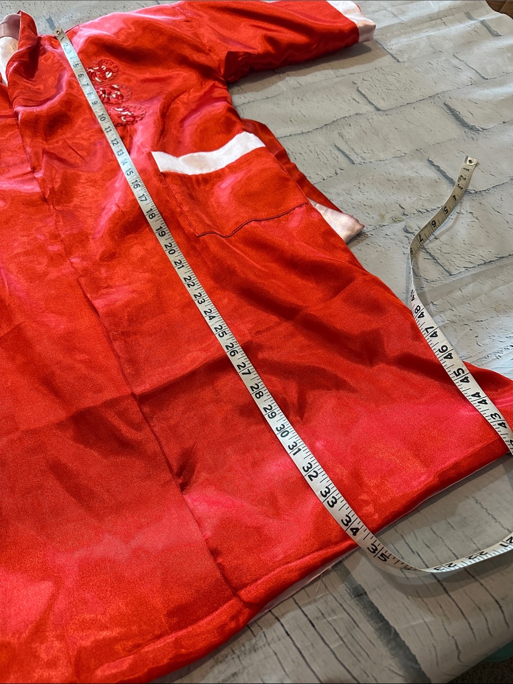 Satin Reversible Pink Kimono Robe with Red Trim and embroidered designs - Picture 11 of 13